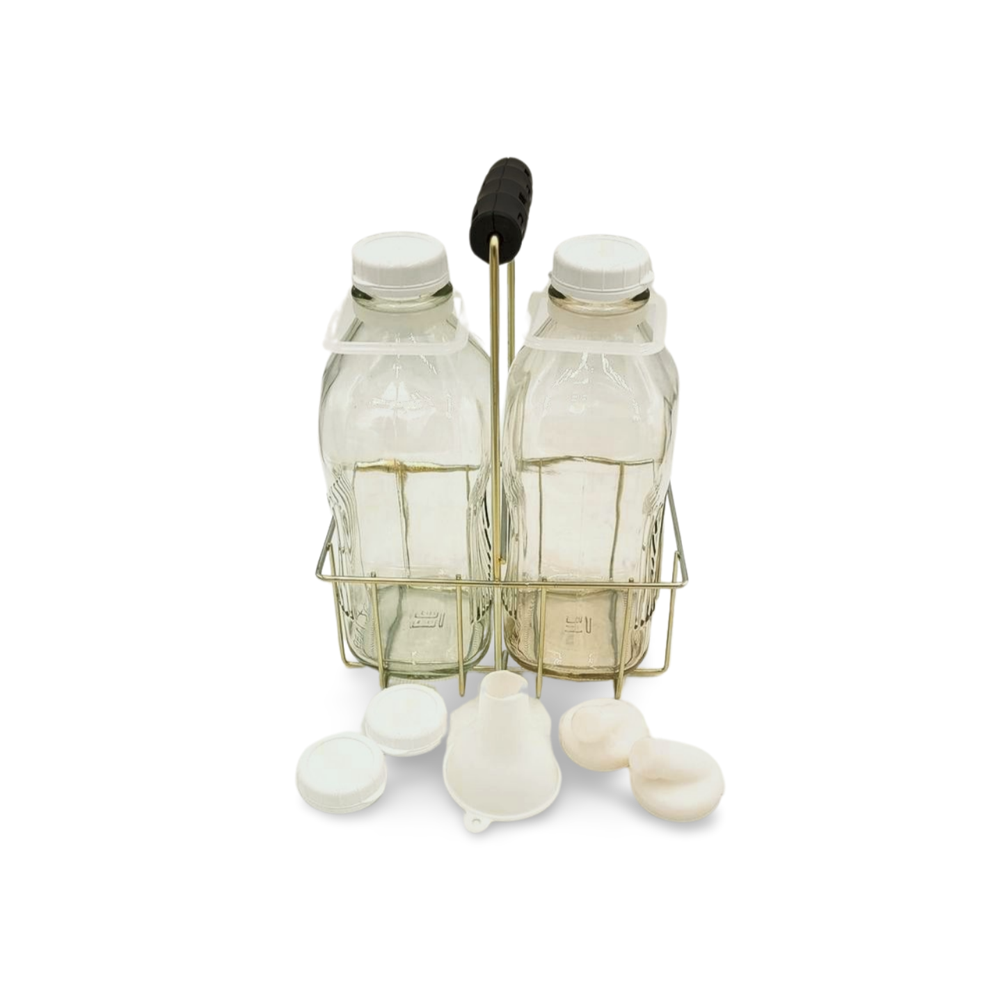 Bottle Carrier with Glass Bottles, Extra Caps, Pour Spouts and Silicone Funnel Combos