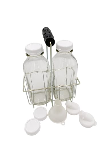 Wire Carrier with Glass Bottles, Extra Caps, Pour Spouts and Silicone Funnel Combos