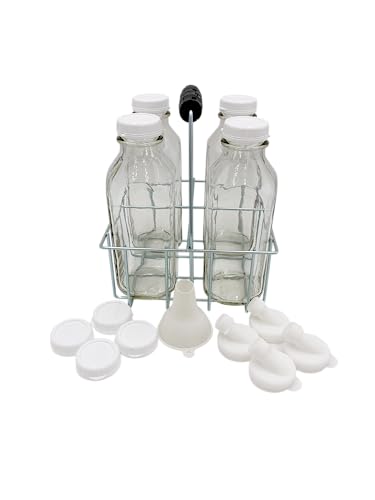 Wire Carrier with Glass Bottles, Extra Caps, Pour Spouts and Silicone Funnel Combos